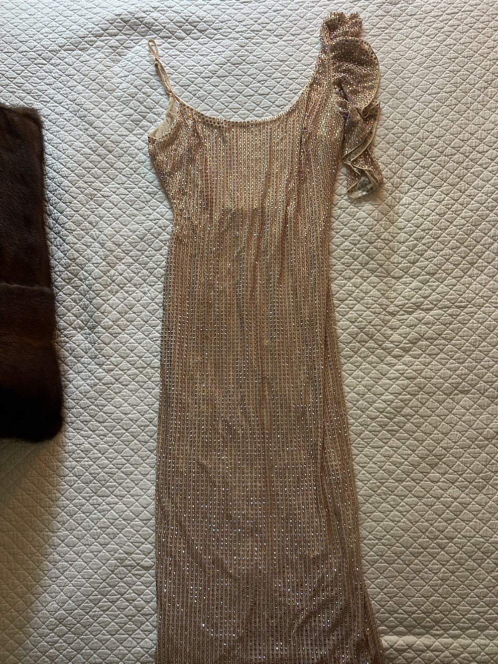 Oh Polly Champagne One-Shoulder Sequin Gown